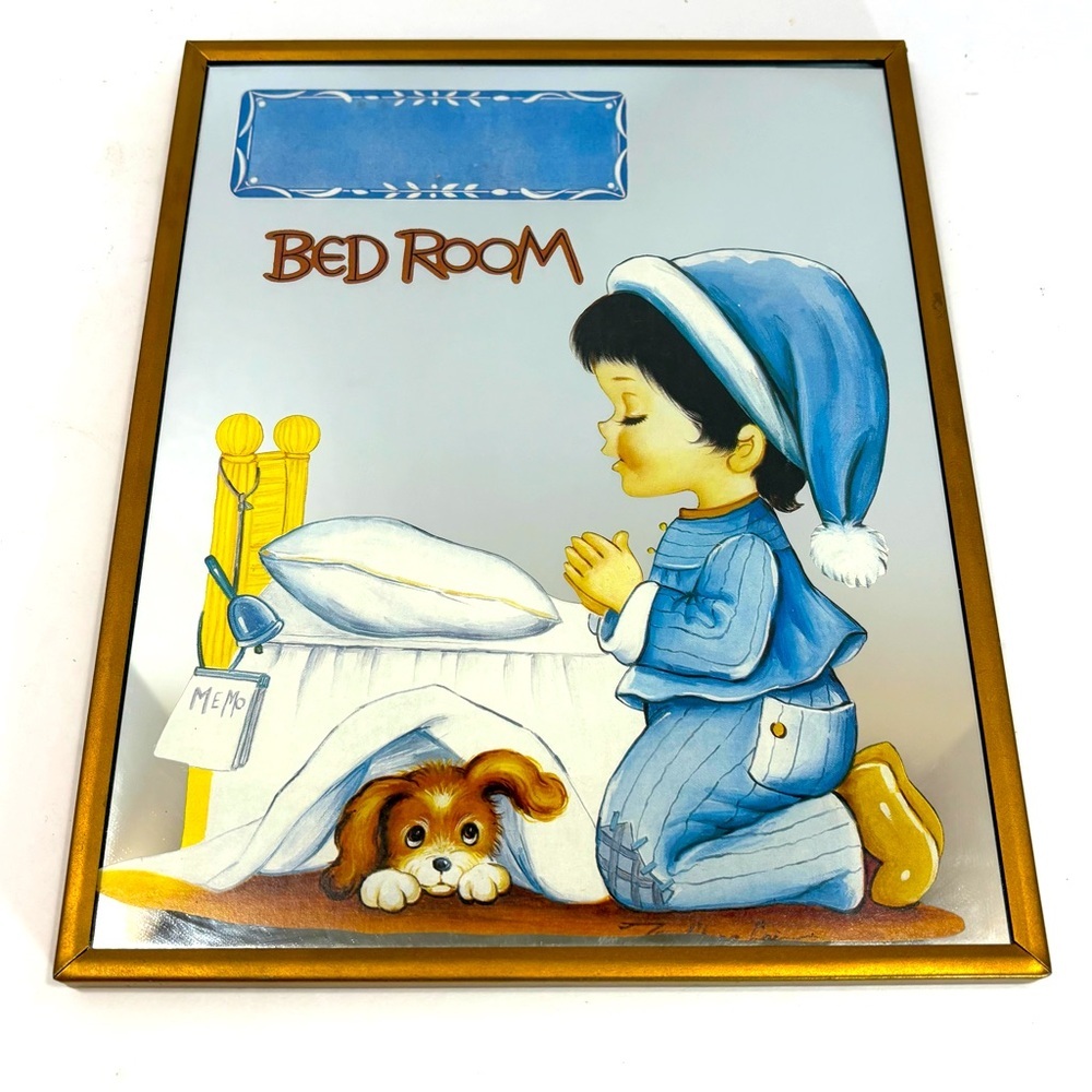 Vintage Mirror Little Boy Kneeling In Prayer On Bed W/Dog-70’s Walmart Decor MCM